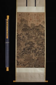 A Chinese Vertical Scroll Ink Painting of Landscape on Silk
