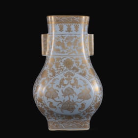 A Rare Sky Blue Glaze Gilded Blessing and Longevity Pattern Double Ear Square Vase