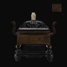 A Rare Bronze Body Square Two Handles Incense Burner