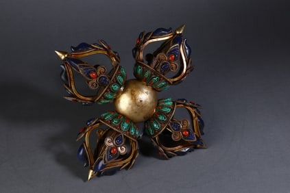 A Rare Copper Gilt Inlaid with Gemstones Tibetan Ritual Implements Ornament