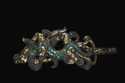 A Rare Bronze Inlaid Silver Chi Dragon Belt Hook