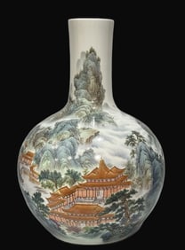 A Rare Enamel Landscape and Figures Pattern Vase,With poem