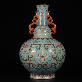A Rare Famille Rose Gilt Interlaced Lotus Pattern Double-Ear Gourd Vase
