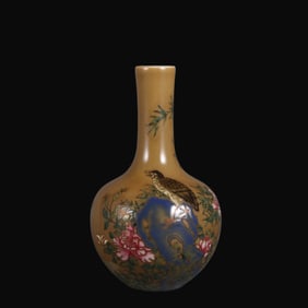 A Rare Beige Glaze Famille Rose Flower and Bird Pattern Vase
