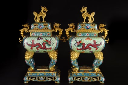 A Pair of Rare Cloisonné Square Unicorn Incense Burners