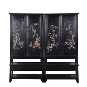 A pair of Rare red sandalwood inlaid with precious treasures and flower-and-bird pattern