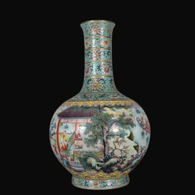 A Rare Famille-Rose Green Ground Lotus Character and Story Pattern Vase