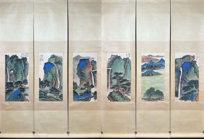 A set of Chinese ink wash silk scroll landscape hanging scrolls