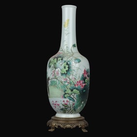 A Rare Famille Rose Lotus Pattern with Copper Base Vase