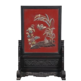 A Rare Red sandalwood lacquer inlaid with precious treasures and flower-and-bird pattern screen