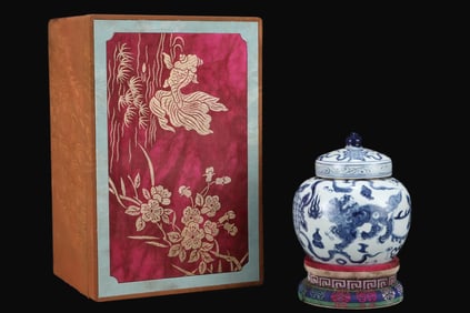 A Rare Blue and White lion and embroidered ball pattern Jar