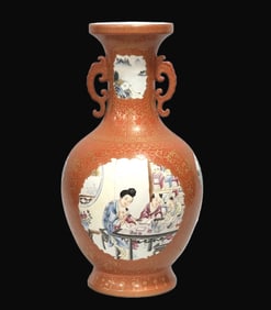 A Rare Yangcai Coral Red Glazed Outline in gold Flower Figures and Landscape Pattern Double-Ears