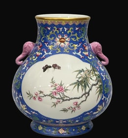 A Rare Enamel Blue Ground Flower and Bird Pattern Elephant-Ears Zun
