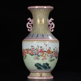 A Rare Famille-Rose Gilt Yellow-Ground Figure Pattern Double-Ear Vase