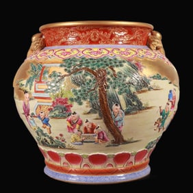A Rare Famille Rose Carved Gold-Ground Figure Pattern Vat