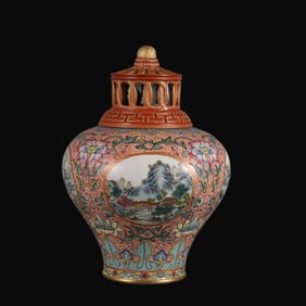 A Rare Famille Rose Interlocking Lotus Landscape Pattern Covered Jar