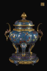 A Rare Bronze Body Cloisonné Enamel Flower and Bird Design Incense Burner