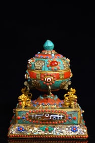 A Rare Copper Base Chasing Scripture Inlaid Gemstone Dzi Prayer Wheel