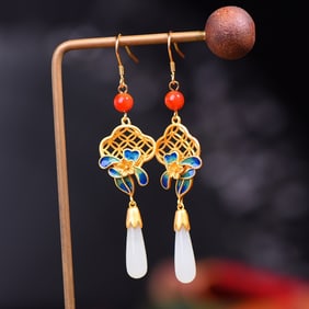 A Exquisite Sliver Inlaid Hetian Jade Enamel Flower Pattern Earring