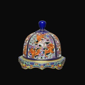 A Rare Famille Rose Gem Blue-Ground Gilt Openwork Auspicious Clouds and Bats Pattern Incense Burner