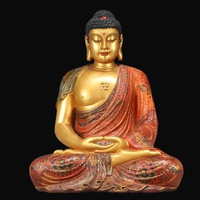 A Solemn Aromatized Camphor Wood Mineral Color Painting of Shakyamuni Buddha