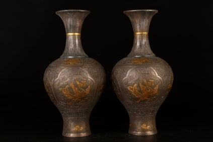 A Pair of Rare Copper Gilt Dragon Phoenix Vase