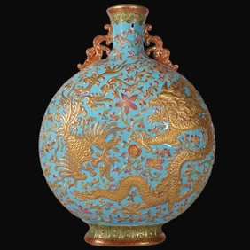 A Rare Enamel Green Ground carving Lotus and Dragon and Phoenix Pattern Vase