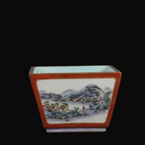 A Rare Coral Red Base Gilded Famille Rose Landscape Pattern Washer