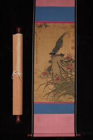 A Chinese Vertical Scroll Ink Painting of flower and bird on Silk
