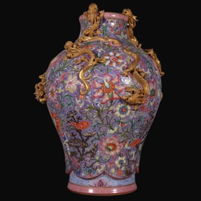 A Rare Famille-Rose Purple Ground Lotus and Dragon Pattern Mei Vase