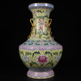 A Rare Famille-Rose Yellow Ground Lotus Pattern Double-Ears Vase