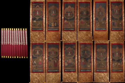 A set of Chinese Vertical Scroll Ink Painting of Buddhist on Silk