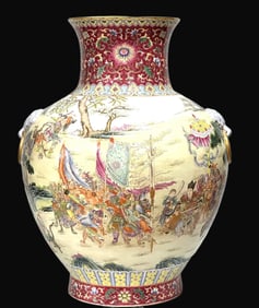 A Rare Yangcai Ruby Red-Glazed Flower and Character and Story Pattern Double-Ears Zun