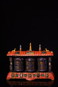 A Rare Lima Copper Chasing Inlaid Dzi Bead Gemstone Prayer Wheel