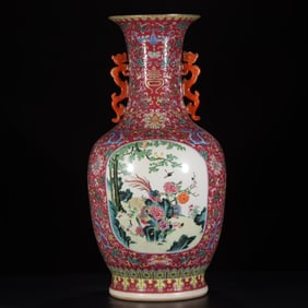 A Rare Famille-Rose Ruby Red-Glazed Lotus and Bird Pattern Double-Ears Vase