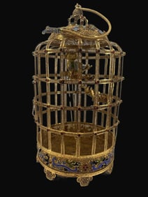 A Rare Bronze-gilt Inlaid Gem Dragon and Phoenix Birdcage