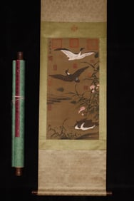 A Chinese Vertical Scroll Ink Painting of flower and bird on Silk
