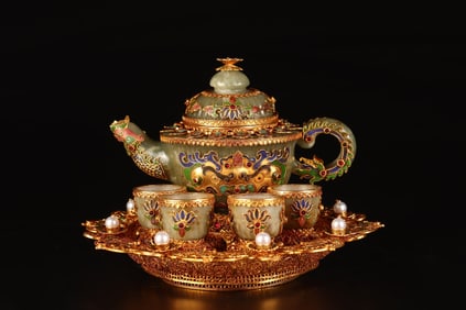 A Set of Rare Gilt Bronze Inlaid Jade Wine Set