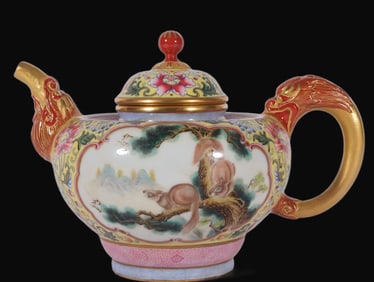 A Rare Enamel Yellow Ground Lotus and Squirrel Pattern Teapot