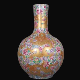 A Rare Famille-Rose Outline in gold Flower and Dragon Pattern Vase