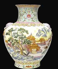 A Rare Yangcai Green Glazed Flower and Landscape and Figures Pattern Double-Ears Vase,With poem