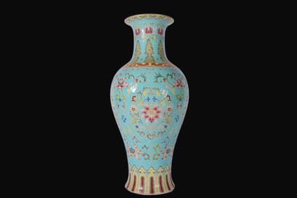 A Rare Enamel Green Ground Outline in gold Lotus Pattern Vase