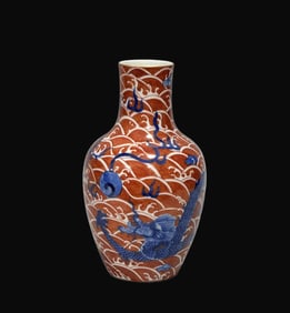 A Rare Blue and White Iron-Red Seawater and Dragon and Phoenix Pattern Vase