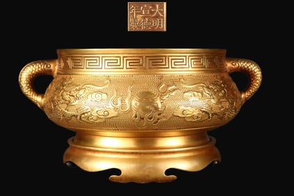 A Rare Red copper body gilt two dragons playing with a pearl pattern you dragon ear stove
