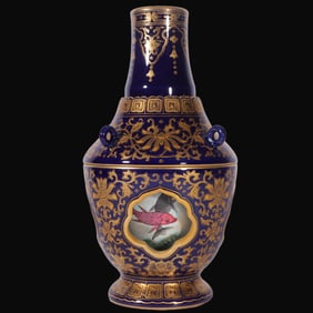 A Rare Famille-Rose Ji Blue Glazed Outline in gold Lotus and Fish Pattern Revolving Vase