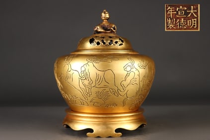 A Rare Red copper body gilt five oxen pattern bowl-style incense burner