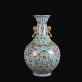 A Rare Gold Thread Enameled Double Phoenixes and Peony Pattern Elephant Ear Vase