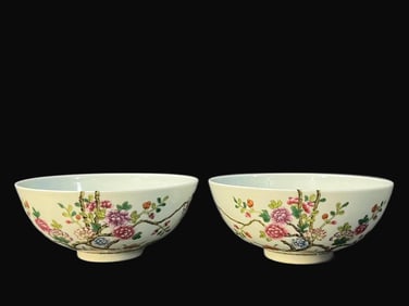 A pair of Rare Famille-Rose Flower and Bird Pattern Bowl
