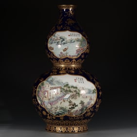 A Rare Famille-Rose Ji Blue Glazed Outline in gold Flower and Landscape Figures Pattern Gourd-Shaped