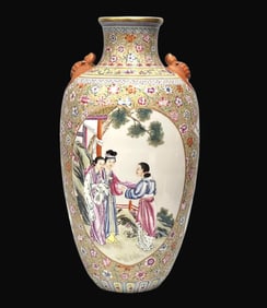 A Rare Yangcai Gold Ground Figures and Flower and Bird Pattern Double-Ears Vase
